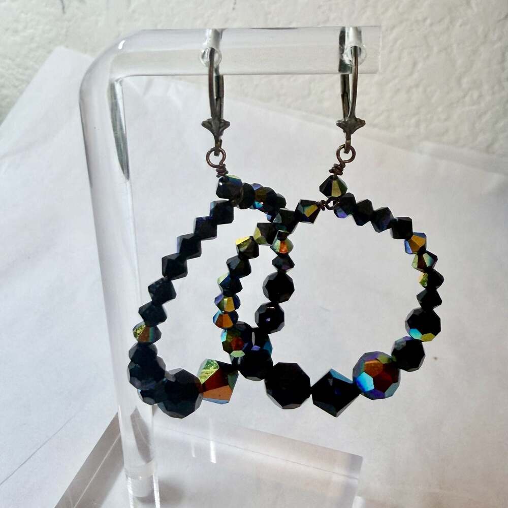 Gothic Black Crystal Aurora Borealis Faceted Dangle Hoop Earrings with Leverback